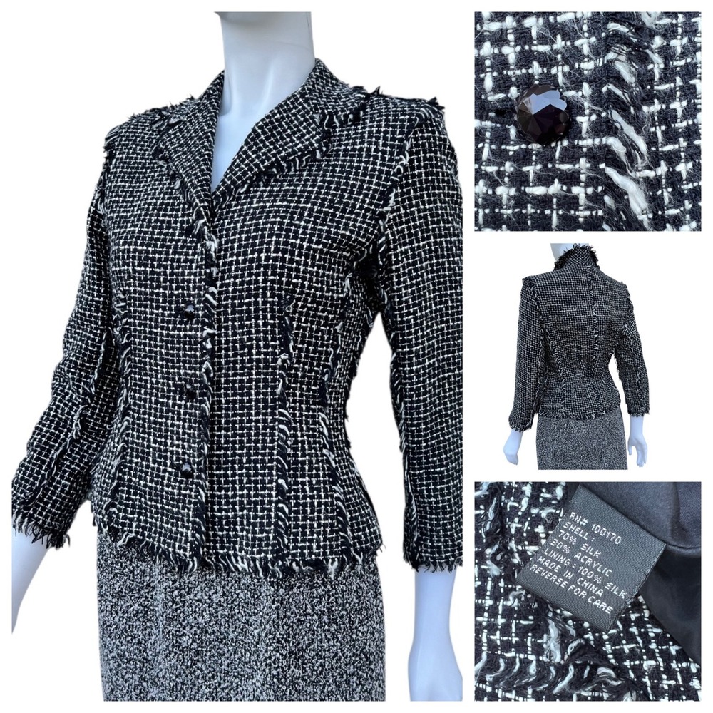 Vintage Bill Blass Jacket Women Fringe Black White Tweed Silk Cropped Sz 6 90's